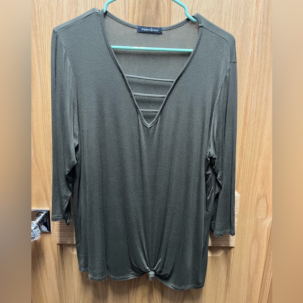 Hippie Chic Olive Green V-Neck Knotted Top